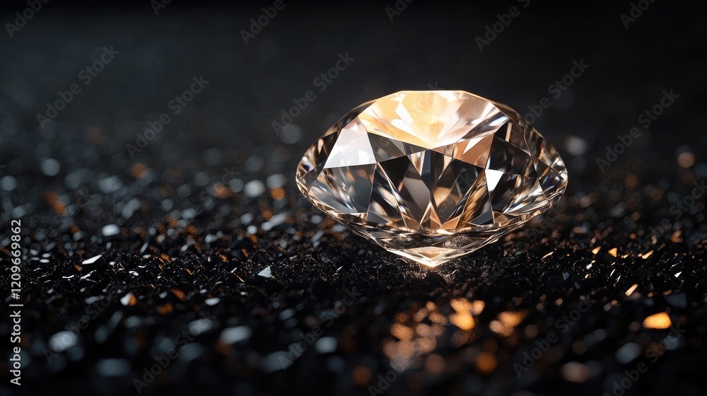 Aufkleber Sparkling diamond resting on a dark surface with reflections creating a luxurious and elegant ambiance.