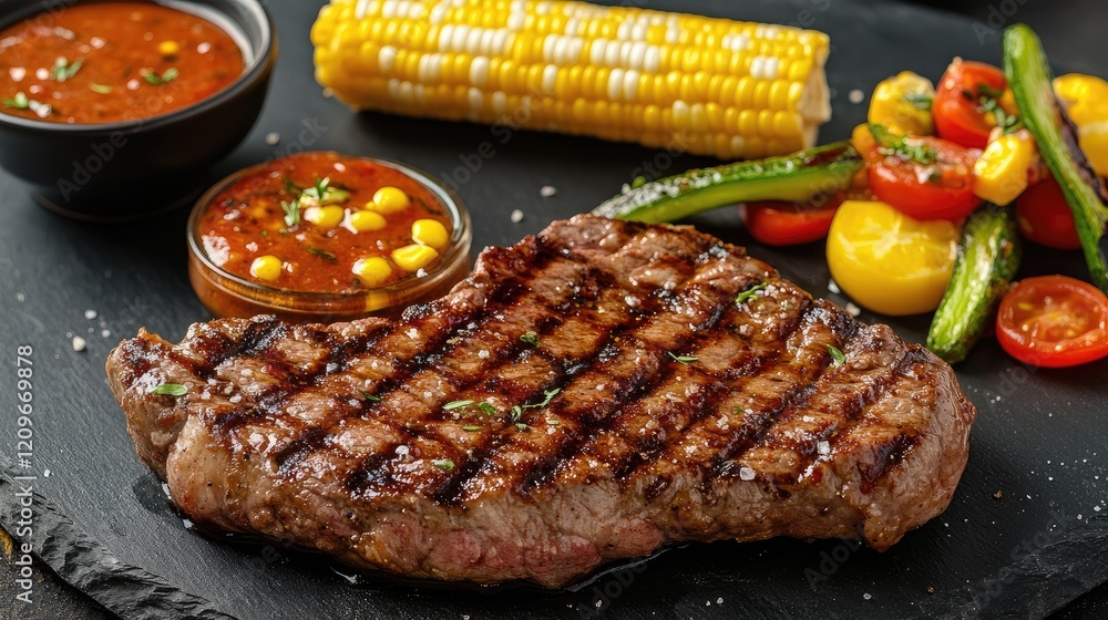 Poster grilled sirloin strip steak served with fresh corn cob colorful vegetables and savory sauce on a rus