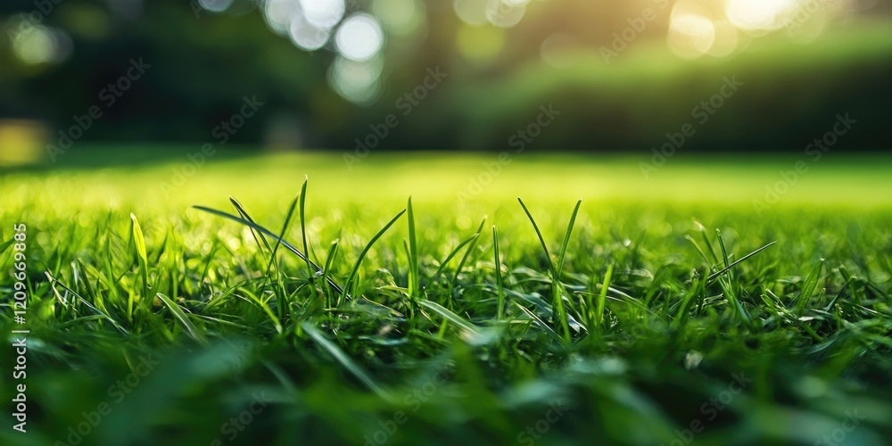 Poster vibrant green grass in the foreground with blurred bokeh background featuring sunlight creating a se