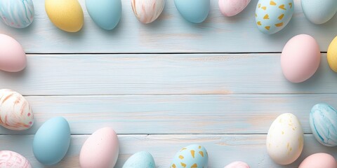 Pastel Easter eggs in soft colors pink blue and yellow arranged around a light blue wooden backdrop with space for text in the center
