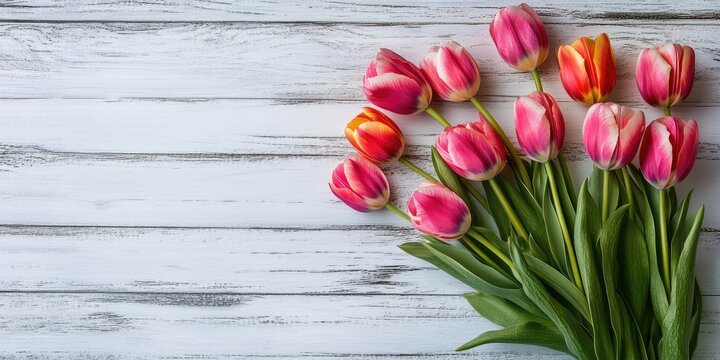 Vibrant pink and orange tulip bouquet on weathered white wooden surface with green stems positioned on the left ideal for Easter backdrop and copy space
