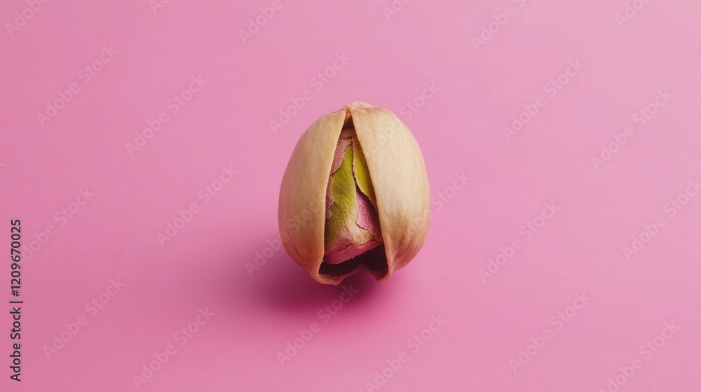 Poster Single pistachio nut in shell positioned on vibrant pink background showcasing natural textures and colors in minimalist styling.