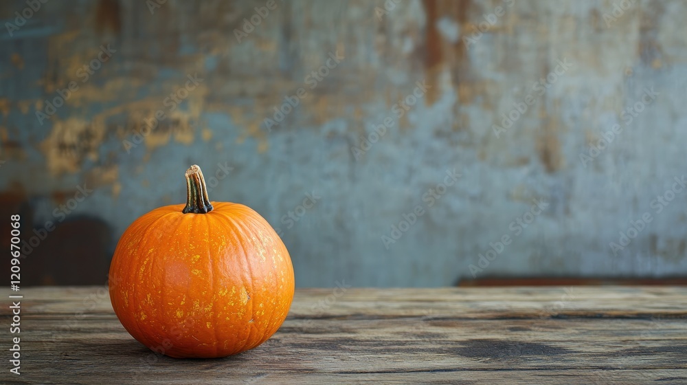 Aufkleber orange halloween pumpkin displayed on rustic wooden floor against textured backdrop with ample copys