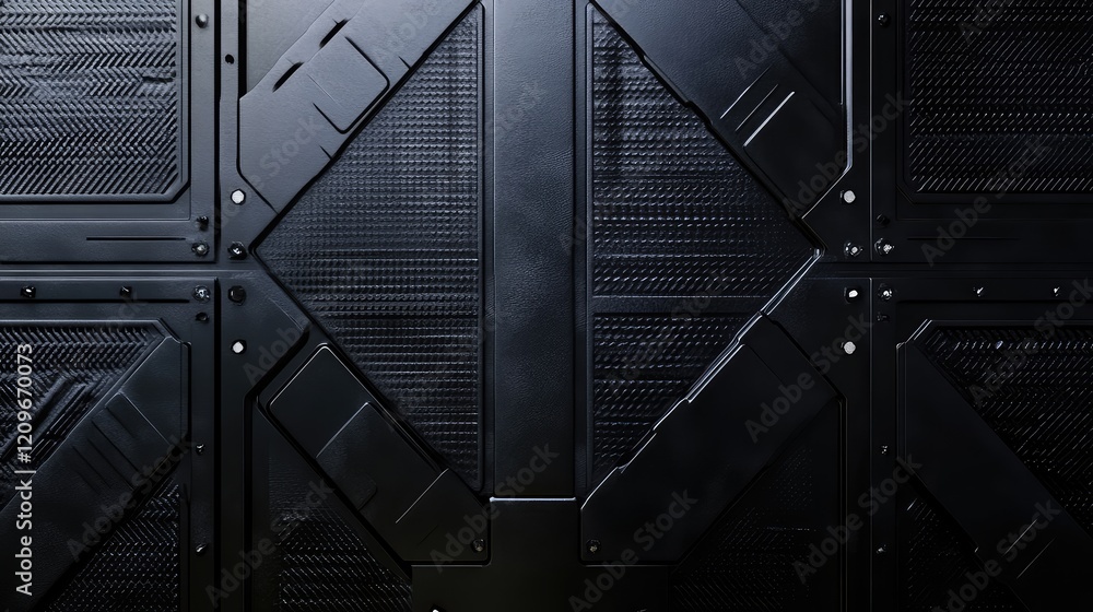 Poster black embossed sheet metal texture with geometric panel design and light reflections for modern indu