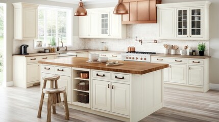 Interior design featuring a buttercup cream kitchen with a rustic island, copper accents, and a bright open layout