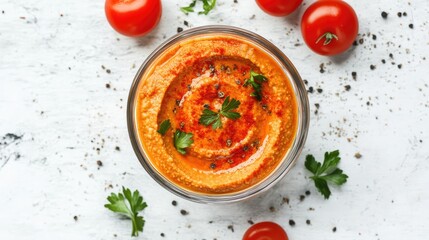 Homemade hummus topped with paprika in a glass bowl surrounded by fresh tomatoes and herbs on a light background