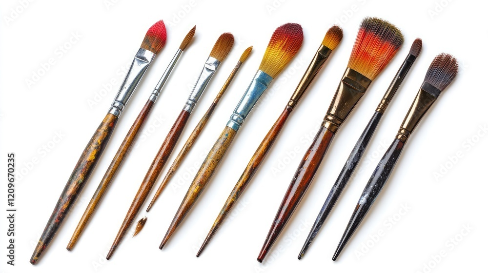 Poster assorted set of six artist paintbrushes with various shapes and sizes isolated on a white background