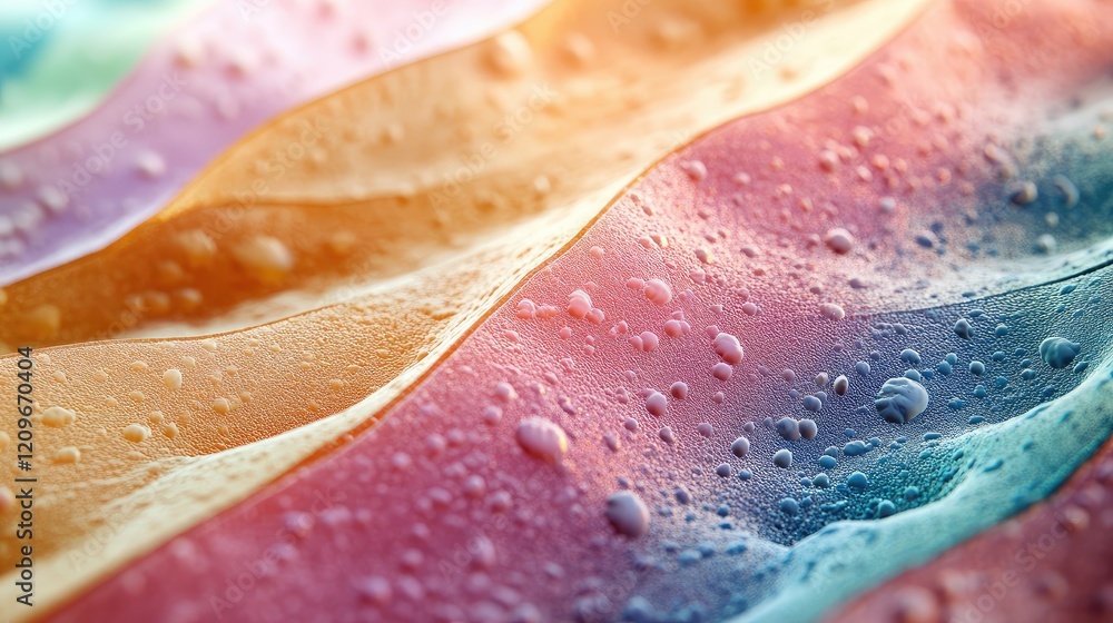 Aufkleber Detailed microscopic view of colorful skin layers exhibiting texture and moisture with soft gradients of orange pink and blue tones for anatomical study
