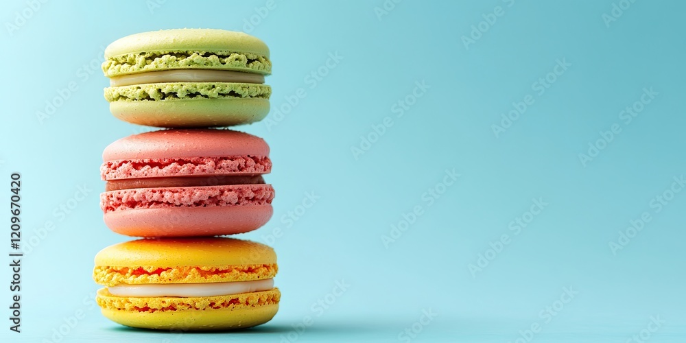 Poster colorful macarons stacked vertically on the right against a soft blue background ample copy space fo