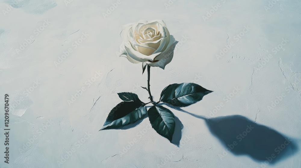 Poster elegant white rose atop a smooth white background with delicate leaves casting a soft shadow, symbol
