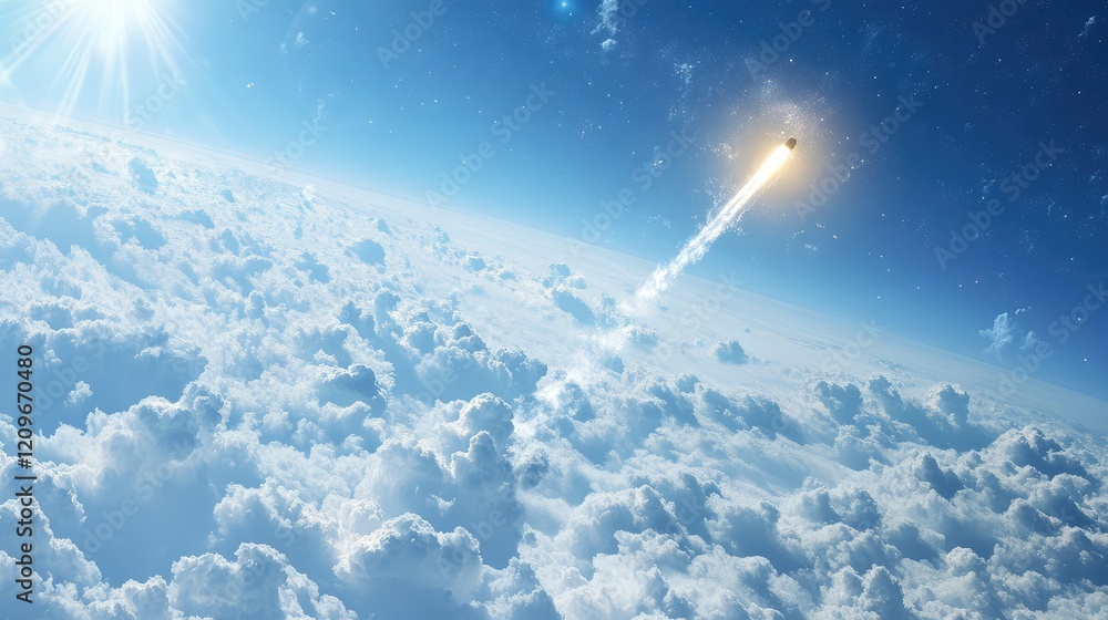 Poster vibrant blue sky with fluffy white clouds and a bright vapor trail creating a dynamic contrast above