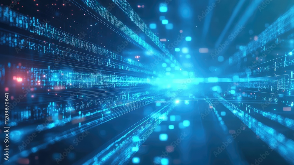 Aufkleber Futuristic Blue Digital Space with Abstract Data Visualization and Light Trails Illuminating a Dark Background in a High-Tech Environment