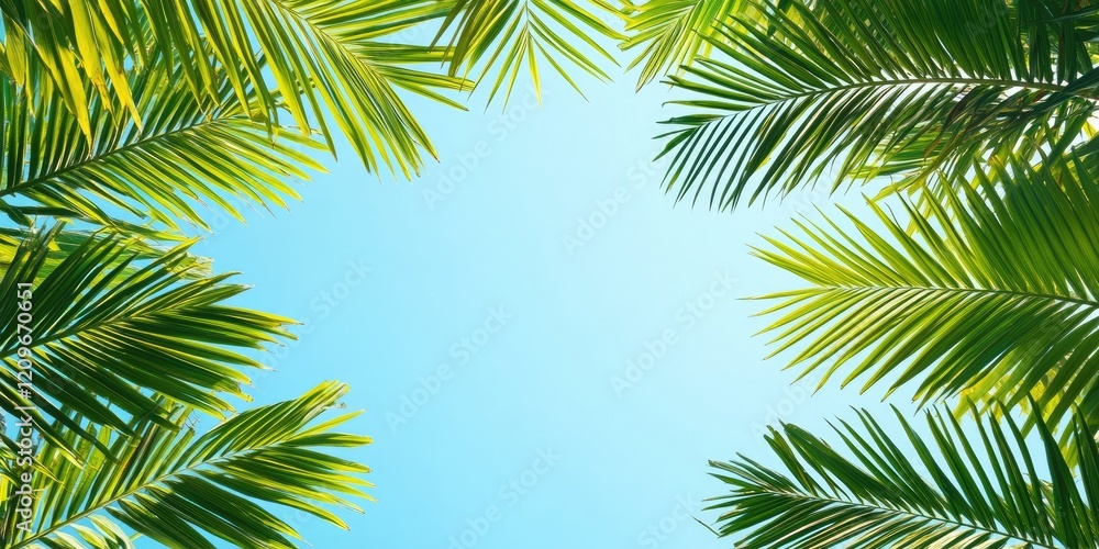 Poster vibrant green palm leaves frame a clear blue sky creating ample space for text with sharp contrast a