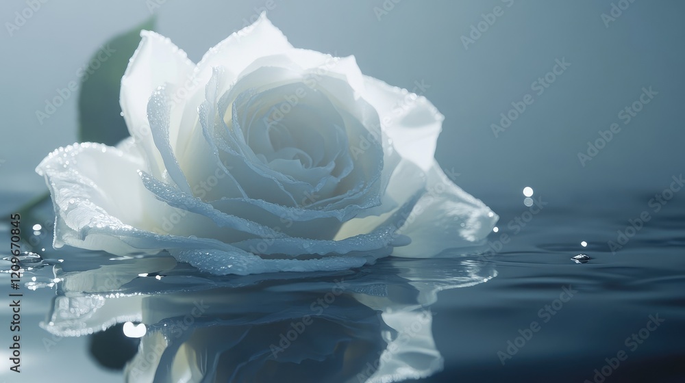 Poster Serene white rose with dew drops on a reflective surface creating an elegant and tranquil ambiance in soft lighting