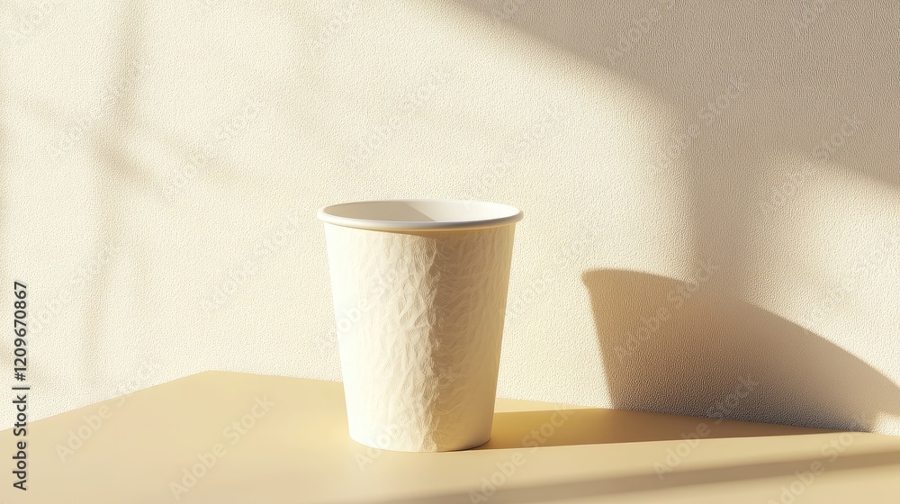 Poster elegant mockup of a textured paper cup casting soft shadows on a minimalist table against a light wa