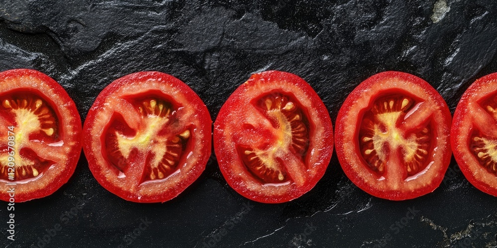 Poster vibrant red tomato halves arranged in a horizontal line on a dark black stone surface with space for