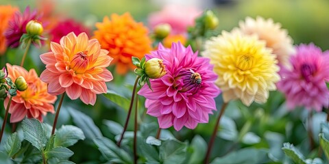 Vibrant dahlias in shades of pink, orange, yellow, and lavender attract bees in a lush public garden filled with green foliage and soft blurred background.