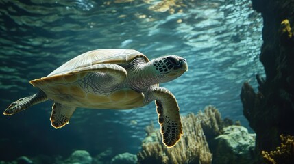 Obraz premium Majestic sea turtle gracefully gliding through clear ocean waters near vibrant coral reefs showcasing marine biodiversity