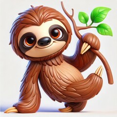 Charming cartoon sloth holding a branch on white background, radiating cuteness and tranquility