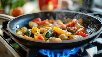Colorful sautÃ©ed vegetables cooking in a frying pan on a gas stove with steam rising and vibrant colors in a cozy kitchen setting