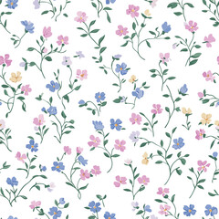 Seamless Floral Pattern with Pastel Blue, Purple, and Pink Flowers on Green Leaves