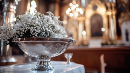 Silver baptismal font adorned with flowers in a beautifully decorated church interior, capturing the essence of spiritual ceremonies.