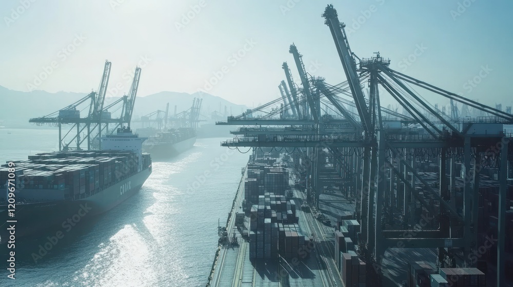 Poster container ship entering busy port, cranes loading and unloading cargo.