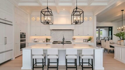 Fototapeta premium Luxurious snow-white kitchen with marble accents, pendant lighting, and spacious design in an upscale apartment