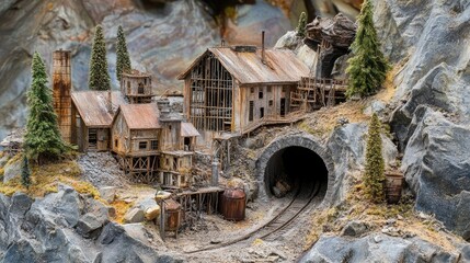 Abandoned silver mine factory ruins featuring detailed model structures and a tunnel entrance amidst rocky terrain