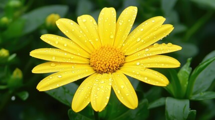 Vibrant yellow flower adorned with water droplets against a lush green backdrop showcasing nature's beauty and freshness.