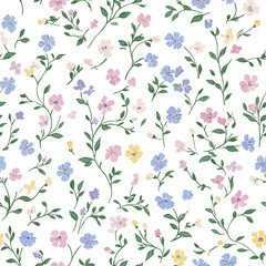Seamless Floral Pattern with Pastel Blue, Purple, and Pink Flowers on Green Leaves