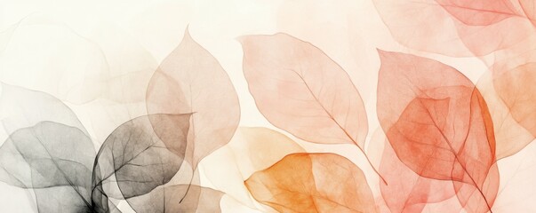 Abstract leaves, watercolor design, soft colors, nature background Delicate artwork featuring translucent leaves in shades of pink, orange, and gray against a warm beige