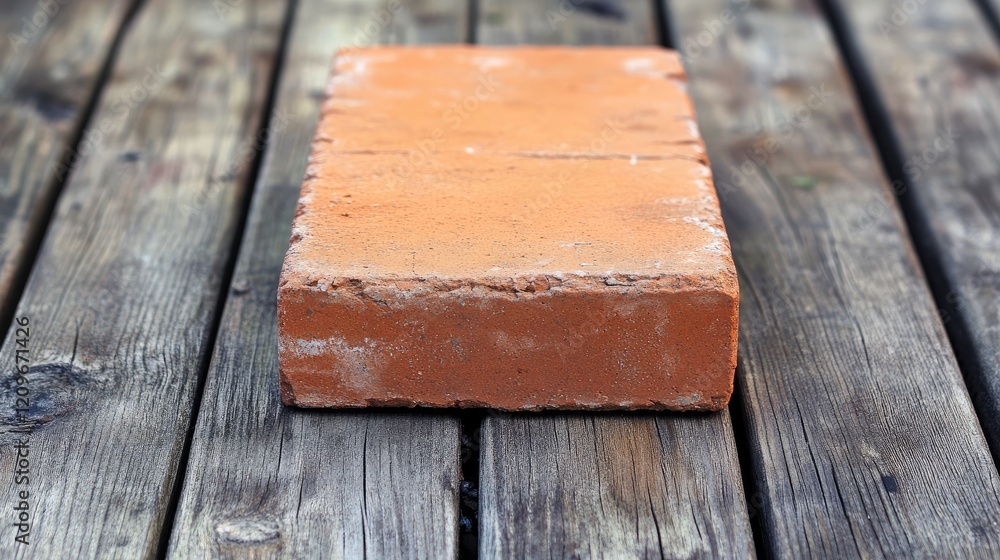 Aufkleber Single weathered red brick resting on rustic wooden floor planks with a clean white background for minimalistic design concepts