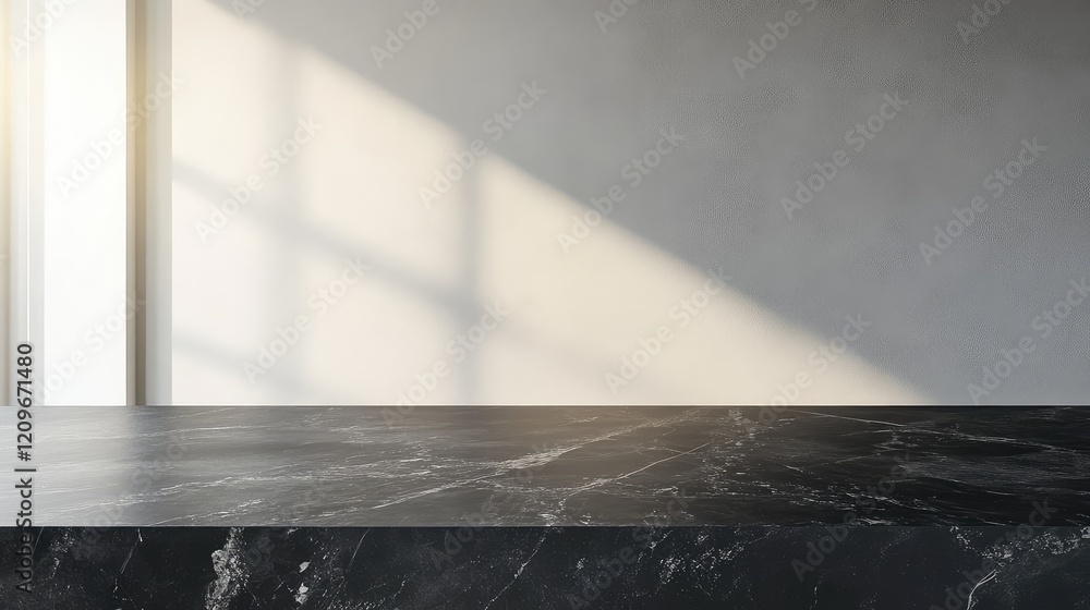 Poster black granite countertop with polished finish contrasting against soft gray minimalistic wall and na