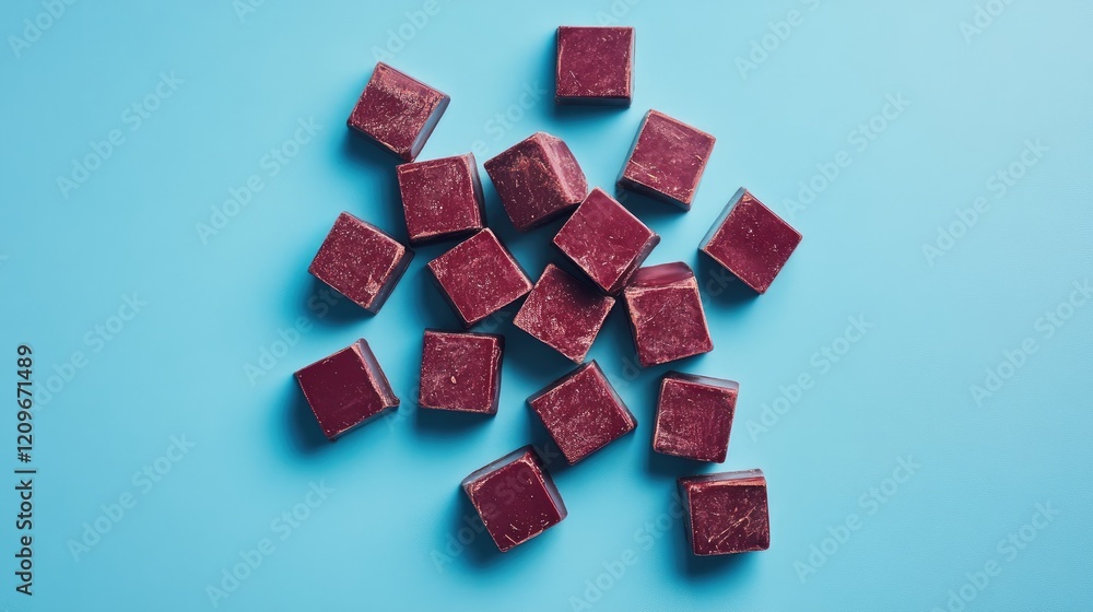 Poster ruby chocolate squares arranged on a blue background creating a vibrant overhead shot showcasing tex