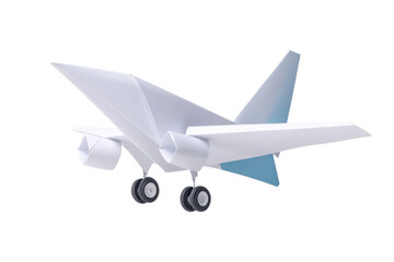 White origami airplane with blue accents and wheels, Paper airplane, isolated on transparent background