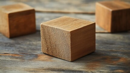 Natural wooden block selection process on rustic weathered wooden surface highlighting texture and warm brown tones with blurred background elements.