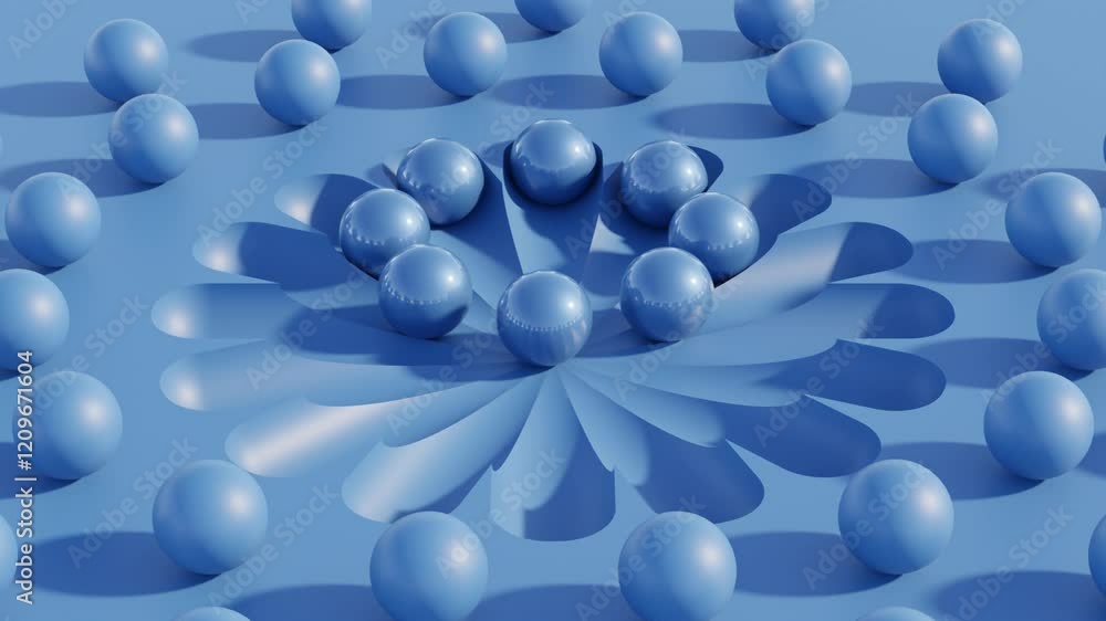 Poster deep blue 3d spheres rolling in seamless abstract loop – elegant monochrome animation for futuristic