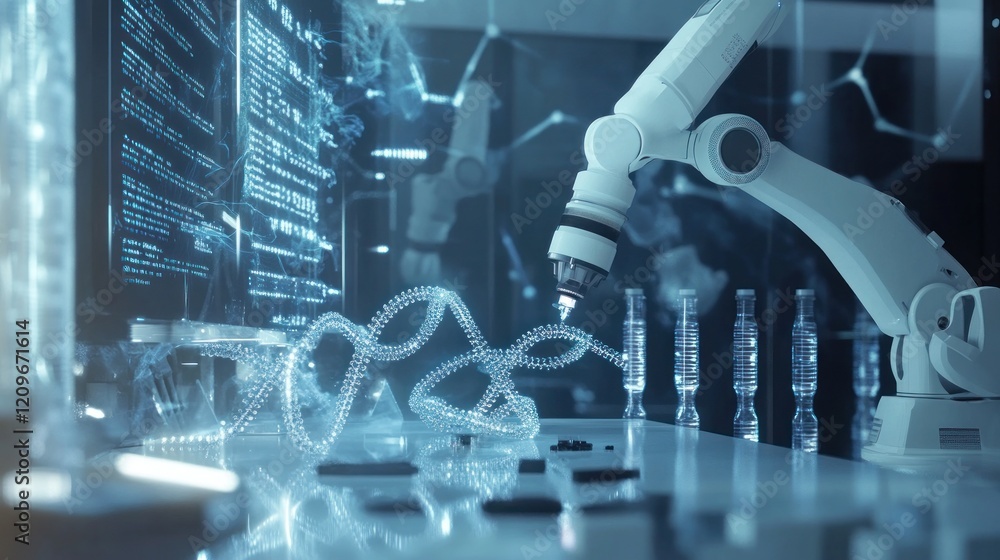 Poster robotic arm in a futuristic lab manipulating test tubes.