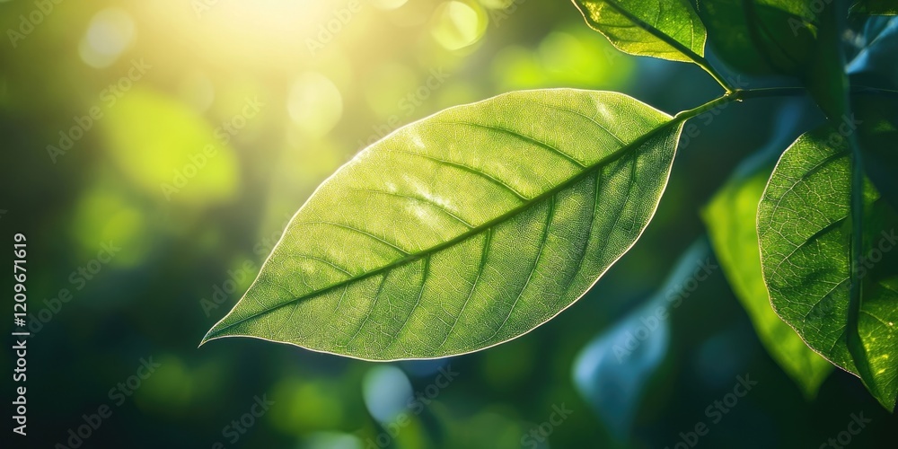 Aufkleber illuminated green leaf with sunlight shining from the top left corner in a soft-focus natural backgr
