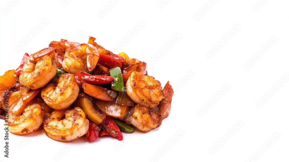 Poster sizzling garlic and chili prawns with mixed peppers on a white background showcasing vibrant colors 