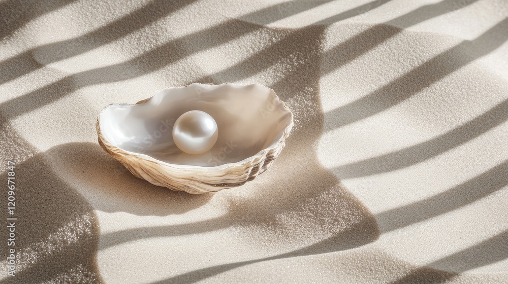 Poster elegant pearl nestled in oyster shell on textured sandy surface with soft light shadows