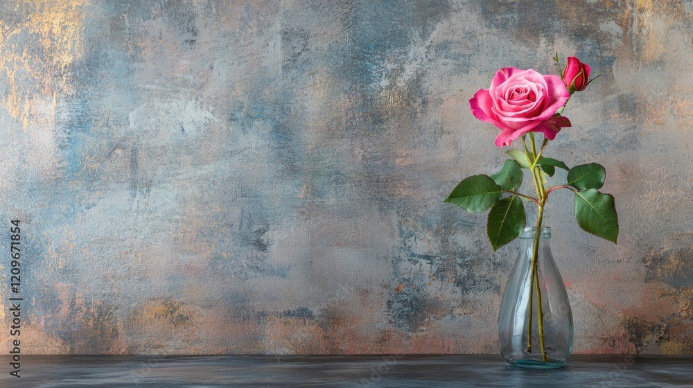 Poster elegant pink rose in glass vase on textured background with space for text or design elements. perfe