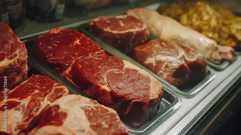 Poster assortment of fresh cuts of red meat in a rustic butcher shop display with direct lighting and warm 