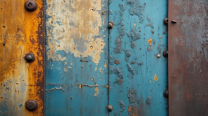 Rustic blue and orange textures on weathered steel panels with rivets showcasing industrial aging and charm.