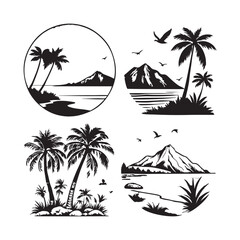 Set of Black and White Tropical Island Scenery Illustrations
