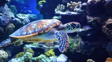 Sea turtle gliding through vibrant coral reef ecosystem in crystal clear water underwater surroundings
