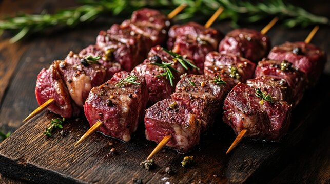 Savory Skewered Meat Display for Butcher Shop Promotional Use Featuring Fresh Herb Garnish