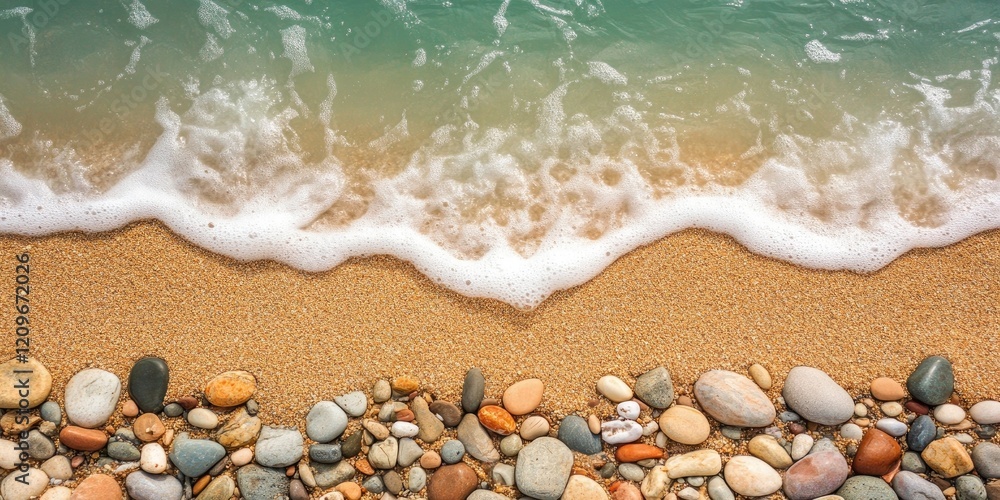 Poster vibrant sandy beach with smooth colorful stones at tropical shoreline under gentle waves creating se