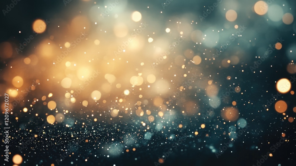 Poster glittering bokeh lights in silver and gold creating an elegant textured background for festive and c